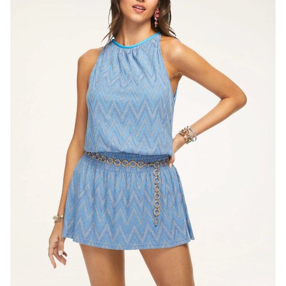 NWT Ramy Brook Blue Chevron Smocked Mini Dress Halterneck‎ Size L - Picture 1 of 10
